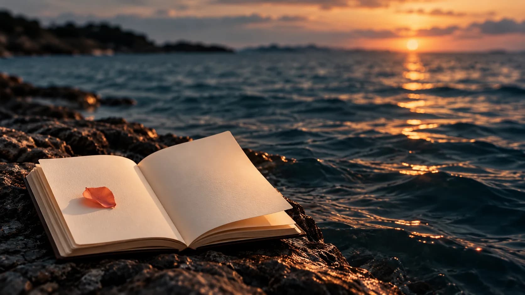 Un cuaderno abierto y una hoja coral junto al mar al atardecer