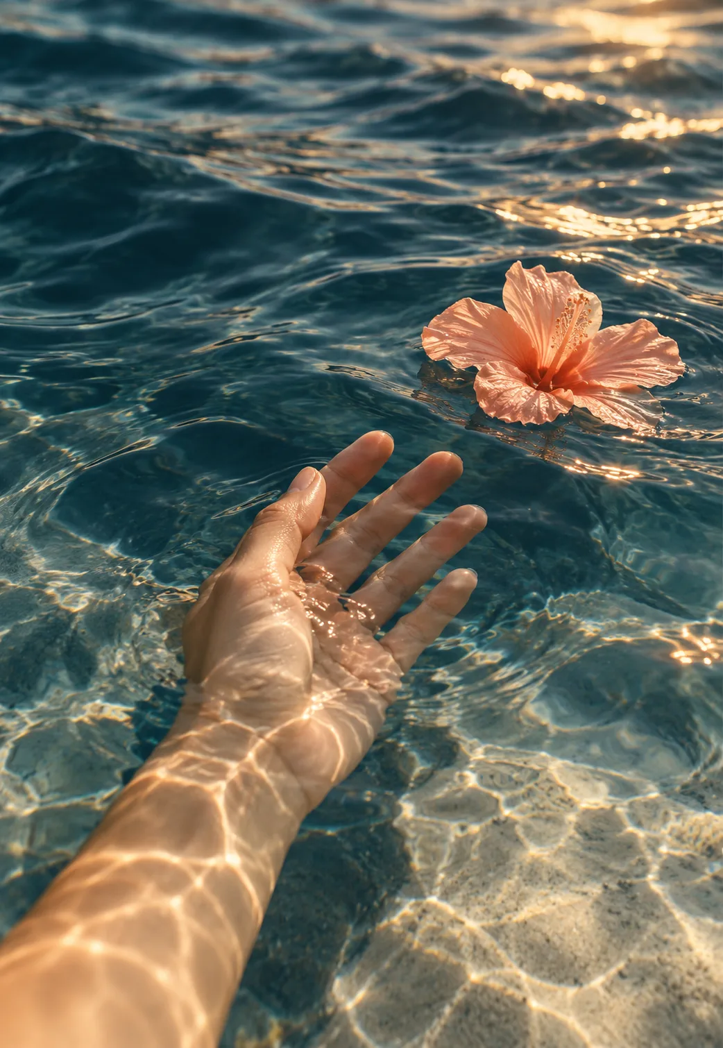Una mano bajo el agua se acerca a una flor coral